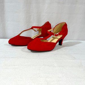 NEW Women's Fereshte Suede Red Retro Mary Jane Heeled Shoes with Strap, 7.5